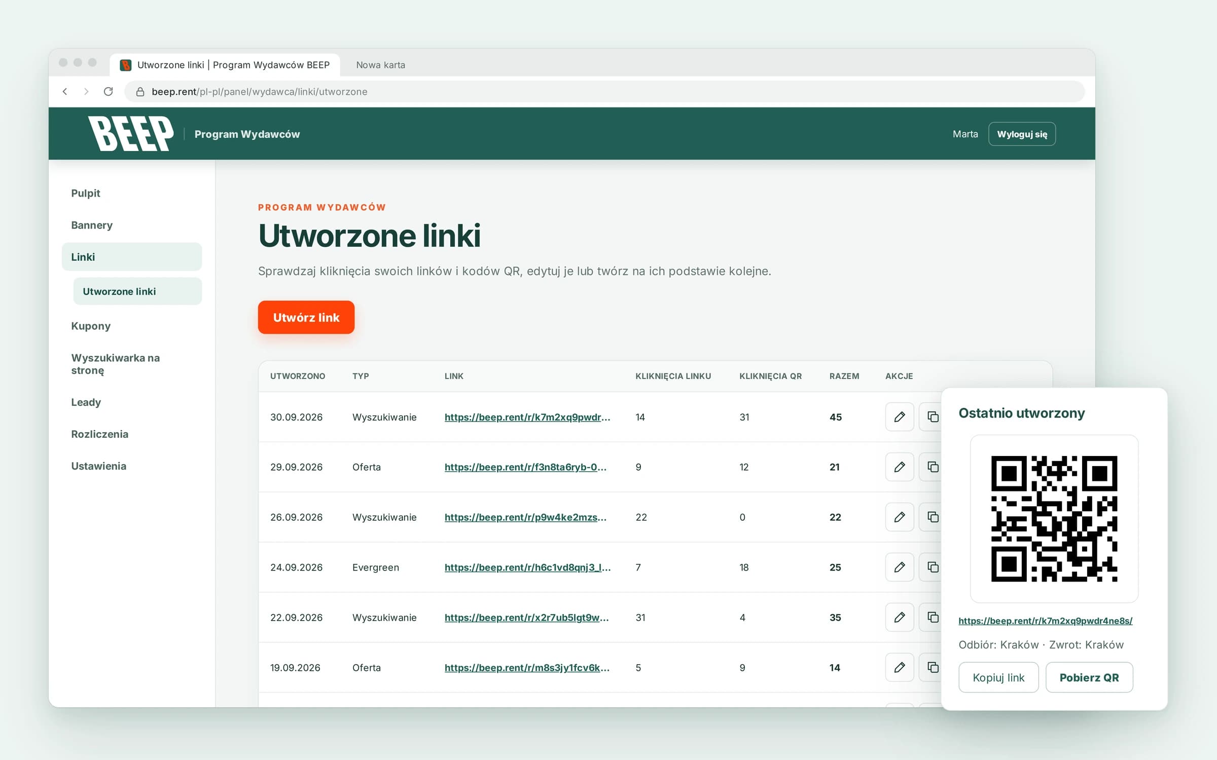 Panel partnera BEEP: lista utworzonych linków z kliknięciami linków i kodów QR oraz karta z wygenerowanym kodem QR.