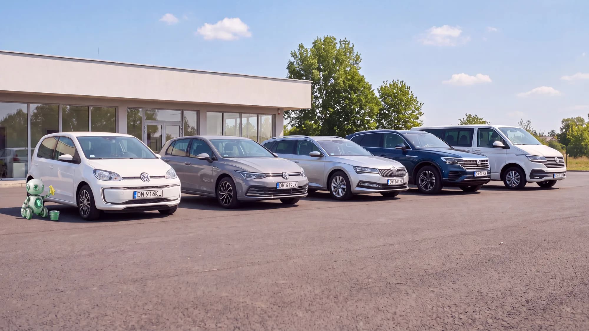 Illustration: a row of cars of different classes in front of a rental company branch, the BEEPbot robot polishing the first one.