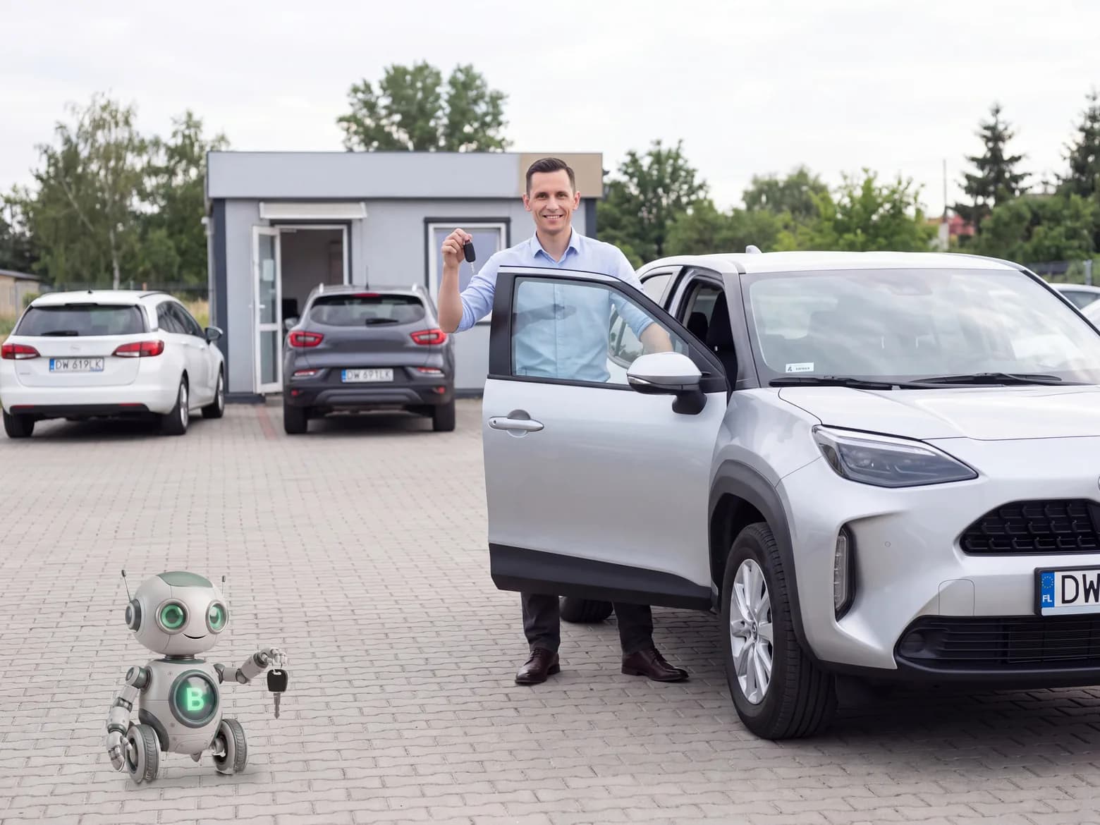 Illustration: the owner of a small car rental company holding a key by an open car door, two cars and the office behind, the BEEPbot robot next to him.