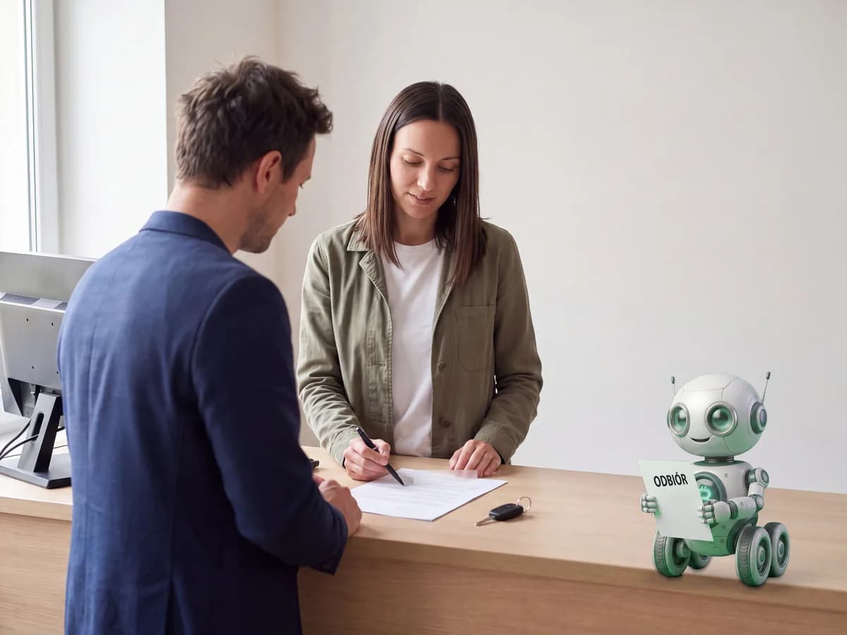 Illustration: a rental company employee and a customer at the counter over a rental agreement, a car key and the BEEPbot robot holding a pick-up sign.