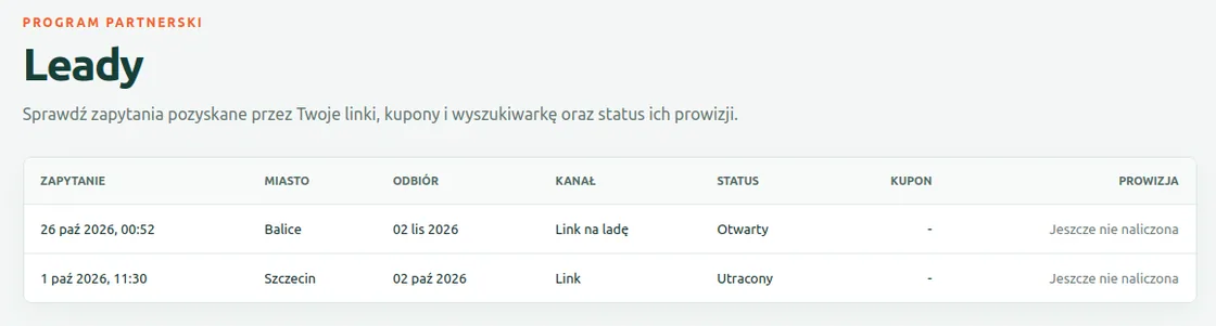 Panel partnera: lista leadów z kanałem pozyskania, statusem i prowizją.